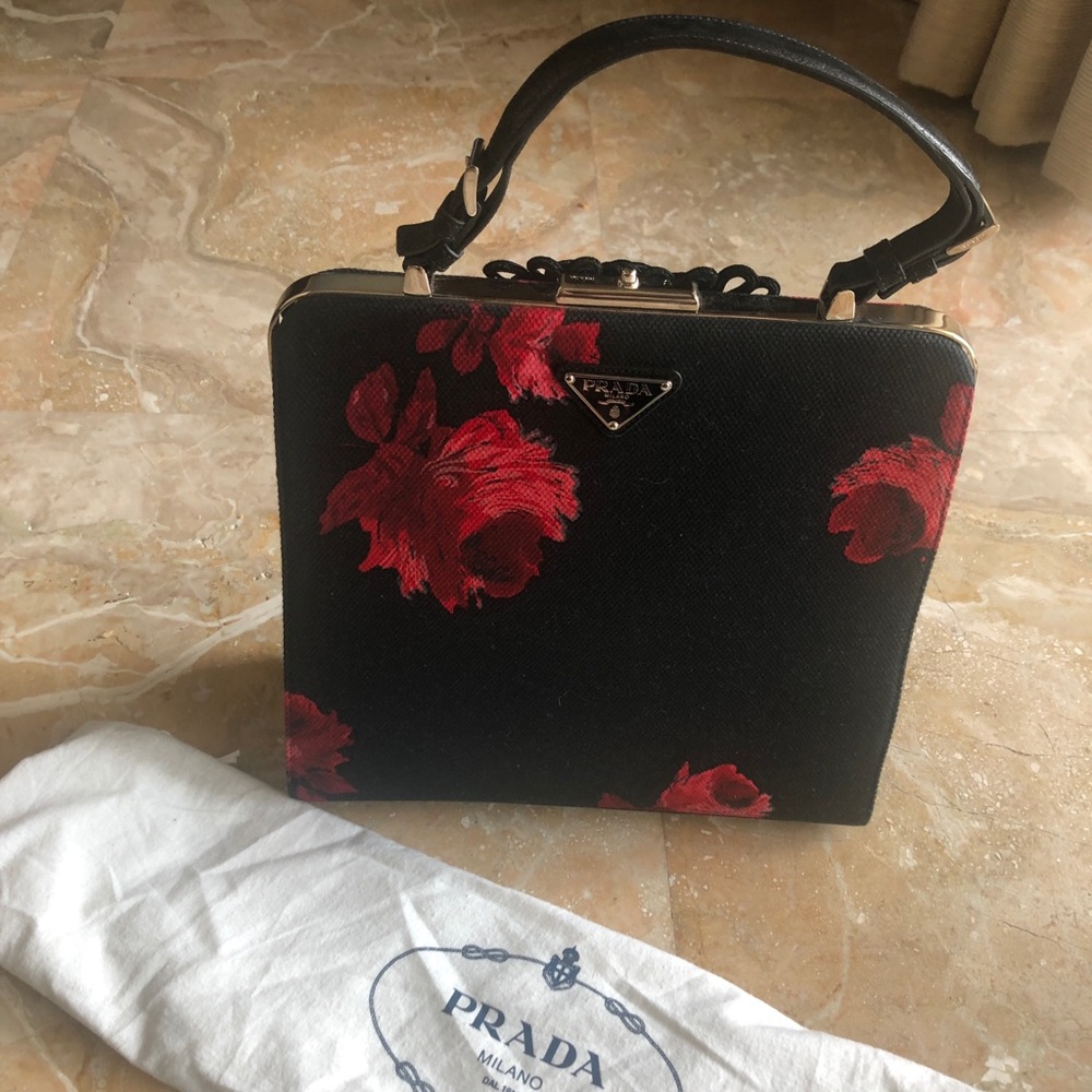 Prada black handbag with red flowers